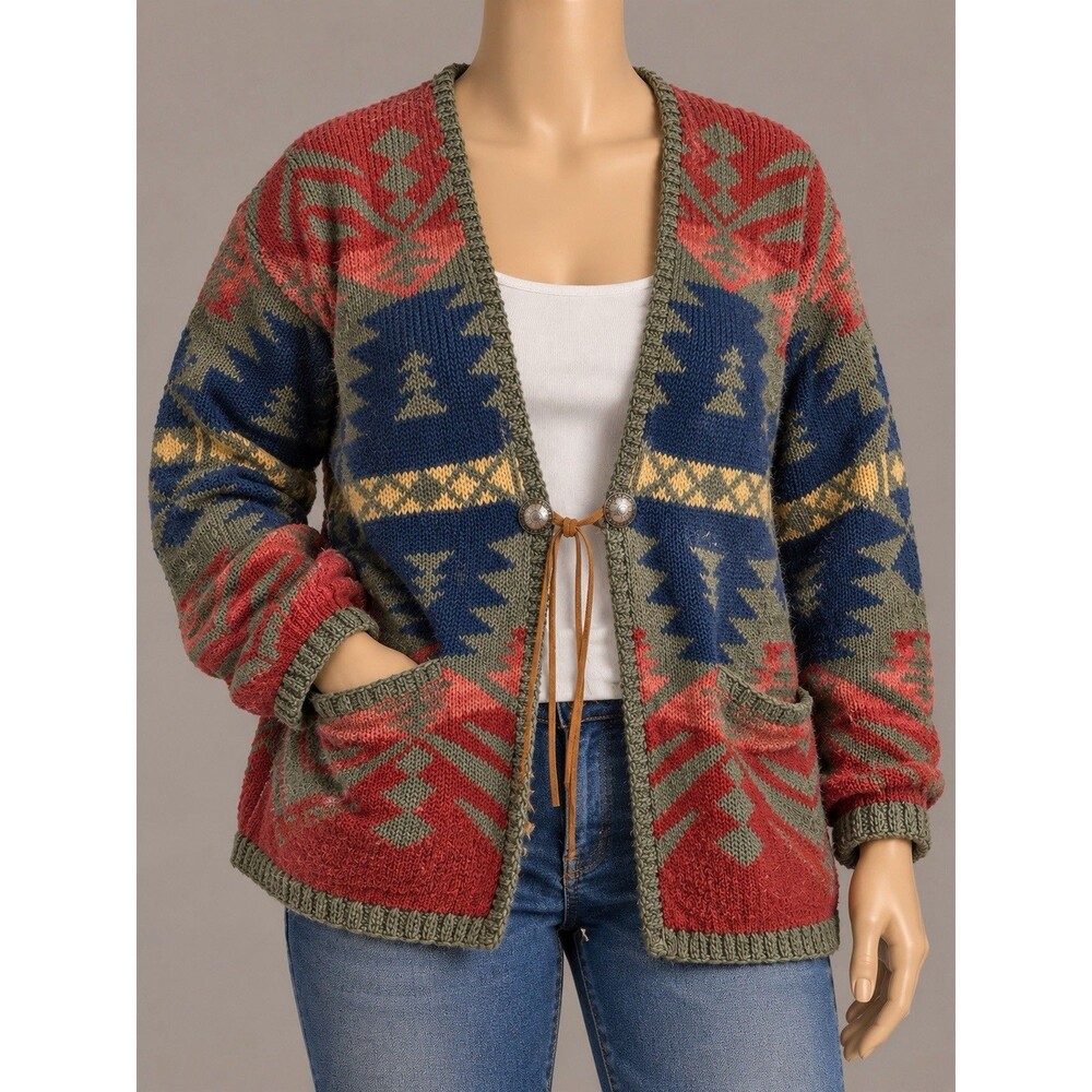 Ralph Lauren Women Cardigan Sweater Southwestern Aztec Indian Hand Knit Size XL